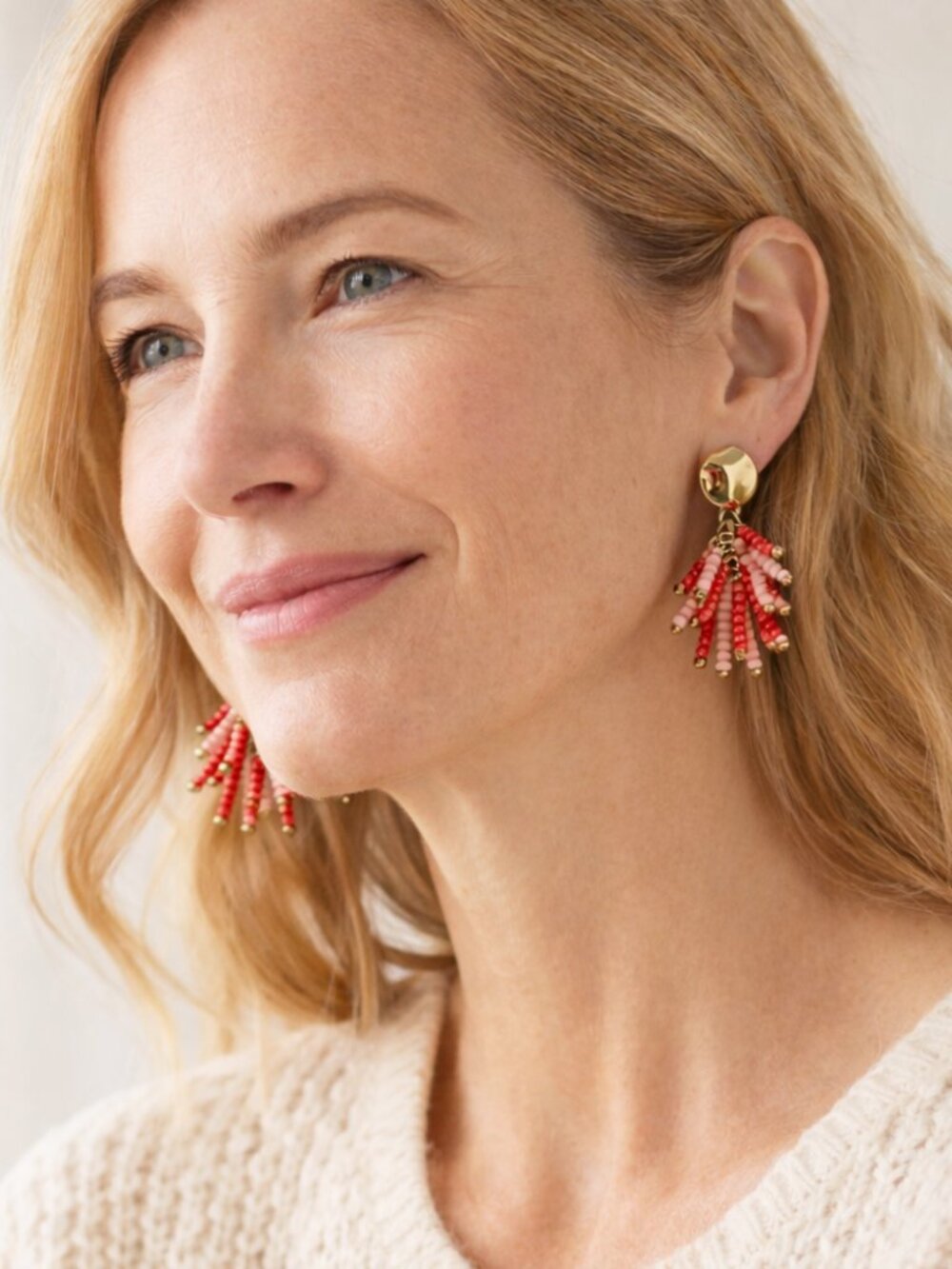 J. Jill Red Beaded Fringe Earrings Hammered Gold Post Drop Dangle NWT